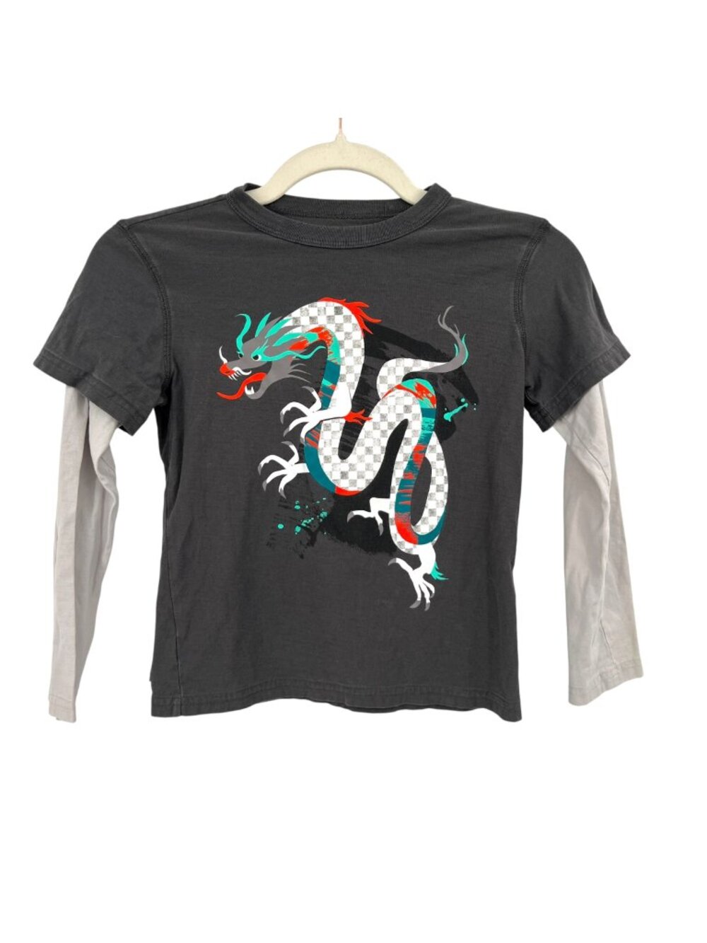 Tea Collection Dragon Layered Graphic Tee Grey Cotton Long Sleeve Kids Size 8Y